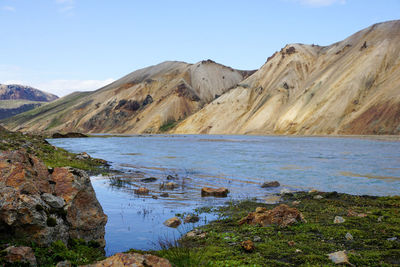 Scenic view of lake and mountains against sky