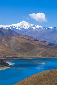 Scenic view of lake and snowcapped mountains against blue sky