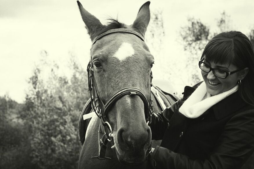 animal themes, lifestyles, mammal, domestic animals, leisure activity, horse, men, togetherness, portrait, young men, one animal, looking at camera, young adult, focus on foreground, person, headshot, working animal, front view