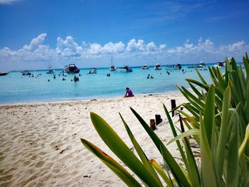 Scenic view of beach against blue sky