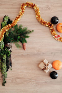 High angle view of christmas decorations on table