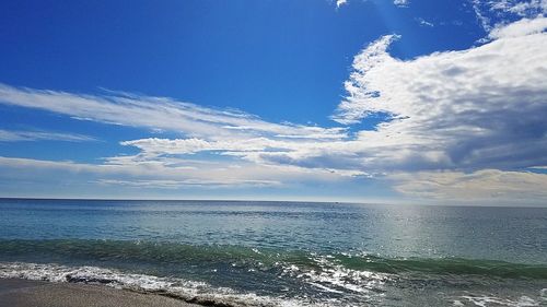 Scenic view of sea against blue sky