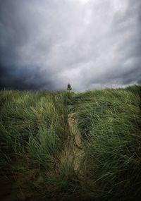 Scenic view of land against cloudy sky