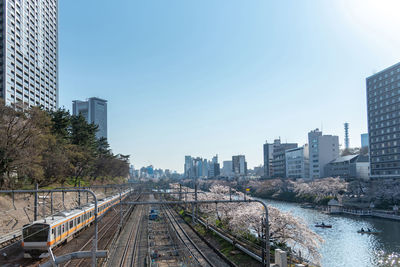 Railroad tracks amidst buildings in city against clear sky