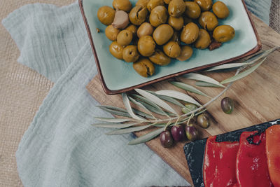 Tapas on crusty bread - selection of spanish tapas served on a sliced baguette.