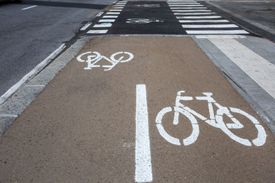 High angle view of bicycle signs on road