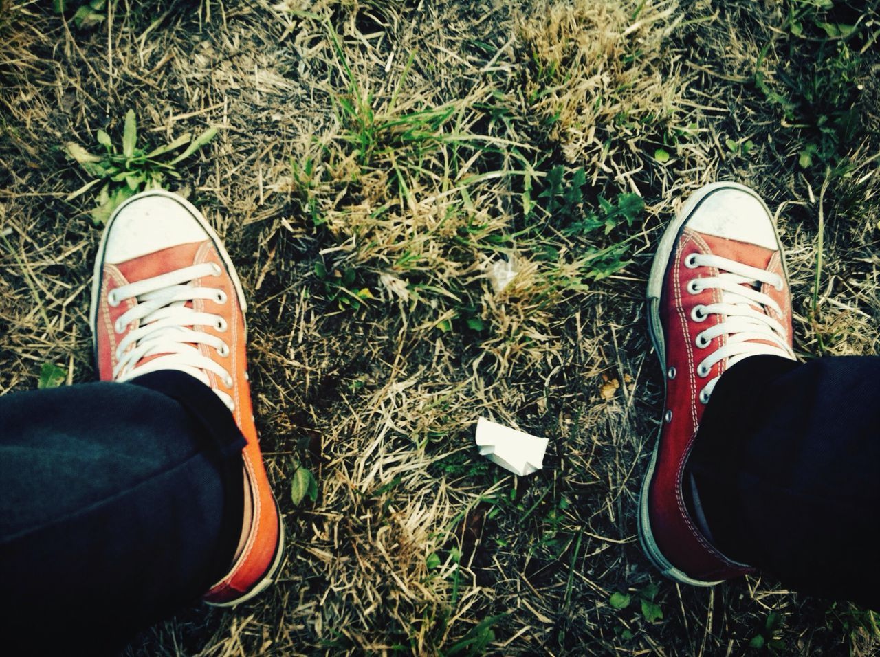 low section, person, shoe, personal perspective, footwear, grass, human foot, canvas shoe, jeans, lifestyles, field, high angle view, men, standing, leisure activity, pair, part of