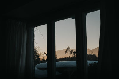 Silhouette trees against sky seen through window