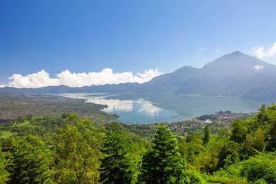 Scenic view of trees and mountains against sky