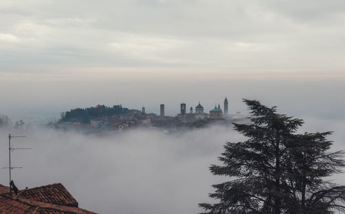 High angle view of buildings against cloudy sky