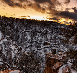 View of snow covered land during sunset