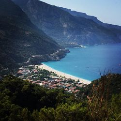 High angle view of sea and mountains