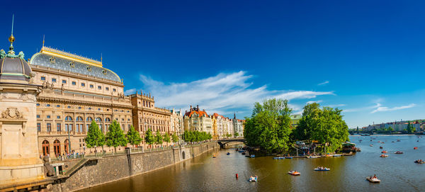 View of buildings by river against blue sky