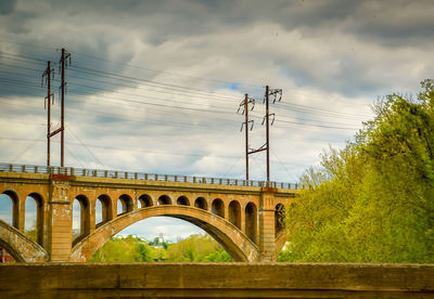 Low angle view of bridge and power lines against cloudy sky