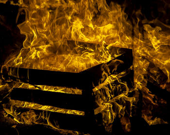 Close-up of fire on log at night