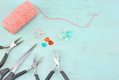 High angle view of work tools on table