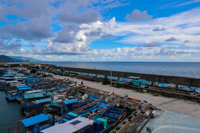 High angle view of pier on sea against sky