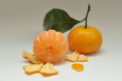 Close-up of orange fruits on table against white background