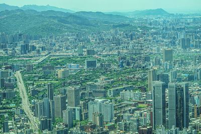 High angle view of modern buildings in city