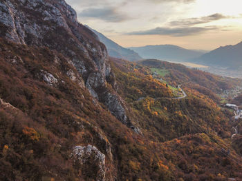 Aerial view of the valley in autumn at sunset