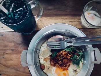High angle view of meal served on table