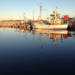 Boats moored in calm sea against sky