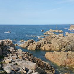 Scenic view of sea against clear blue sky