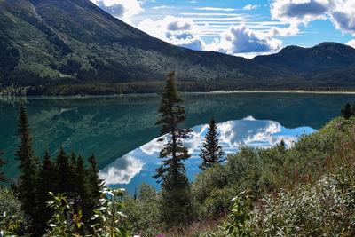 Scenic view of lake and mountains against sky