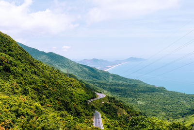 Scenic view of mountains by sea against sky