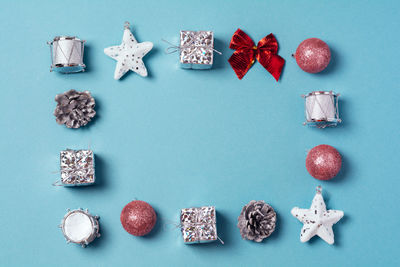 High angle view of christmas decorations on table