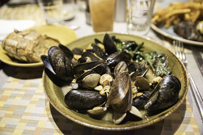 Close-up of clams in plate on table