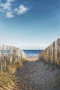Wooden posts on beach against sky