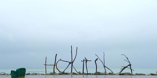 Text made from sticks at beach against sky