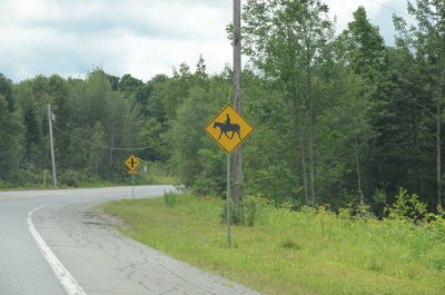 Road sign by trees