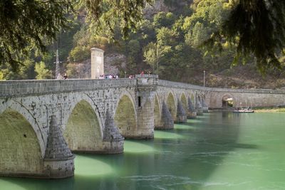 Bridge over river against trees