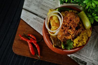 High angle view of food in plate on table