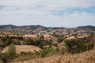 Scenic view of landscape while hiking in myanar.