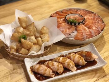 High angle view of food in plate on table