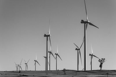 Wind turbines on field against clear sky