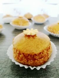 Close-up of cake served on table