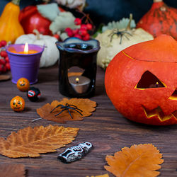 Close-up of jack o lantern on table