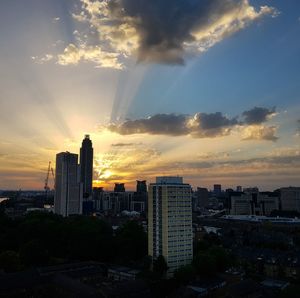 Panoramic view of buildings against sky during sunset