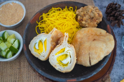 High angle view of food in plate on table