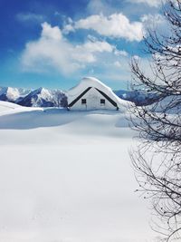 Snow covered landscape against sky