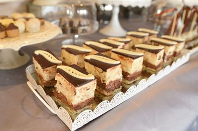 High angle view of chocolate cake in plate on table