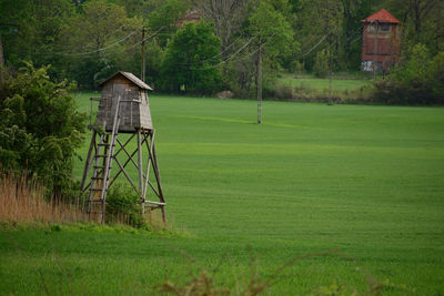 House on field against trees