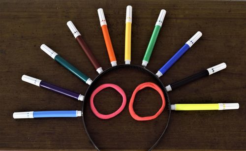Directly above shot of multi colored pencils on table