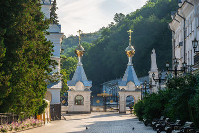 The main entrance to territory of the svyatogorsk lavra in ukraine, on a sunny summer morning