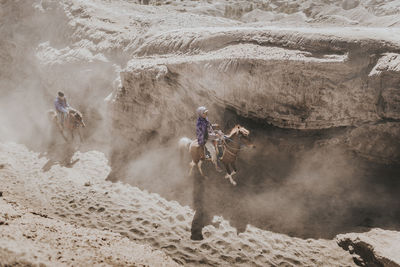 Group of people riding horses on land