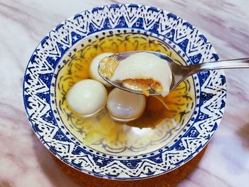 High angle view of breakfast served on table